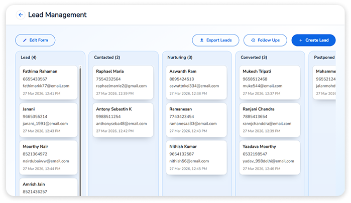 An Image showing how the core screen Leads Management Module of Yogappify looks