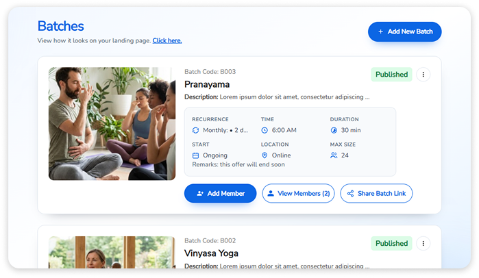 An image showing how the batches created will look after using the Batch Creation and Management feature of Yogappify