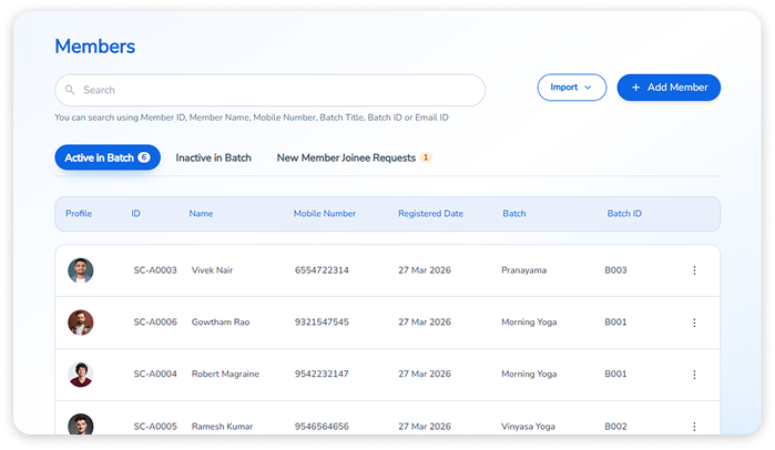 Image showing sample output of Members’ screen when we use the Membership Management System in Yogappify