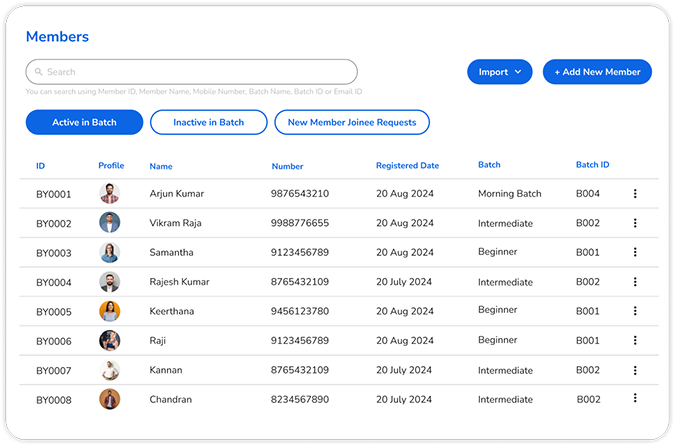 Image showing sample output of Members’ screen when we use the Membership Management System in Yogappify
