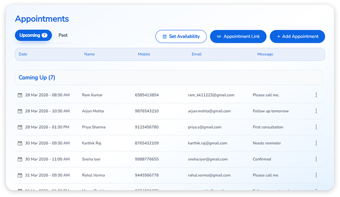 Image showing the easy to use Appointment Screen that gets generated using the Yogappify Appointment Scheduling Feature