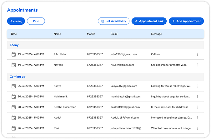 Image showing the easy to use Appointment Screen that gets generated using the Yogappify Appointment Scheduling Feature
