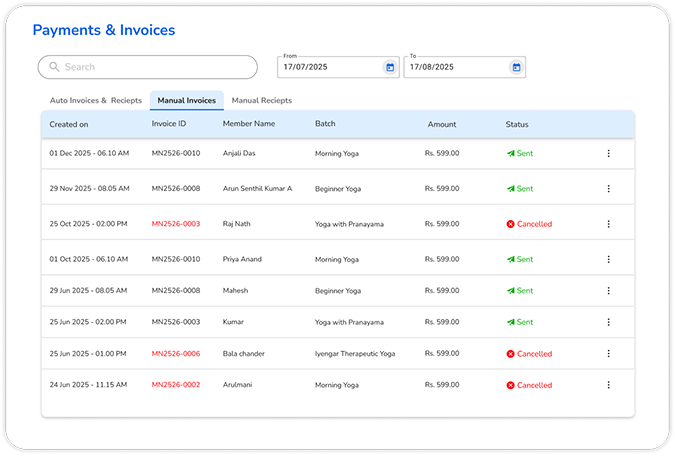 This image shows a view of the automated payment reminder screens when we use the Automated Payments Reminders-Invoices-Receipts feature of Yogappify
